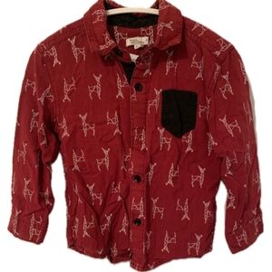 Kids Red Button Down Shirt with Reindeer Print